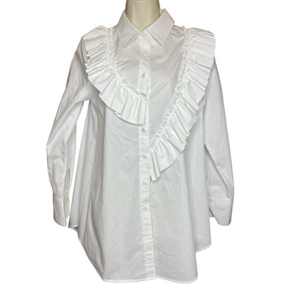 Fabiana Filippi White Cotton Blend Ruffle Front Shirt NWT Size 6
